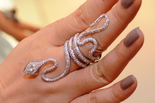 Mỗi tay người đẹp đeo một chiếc nhẫn hình rắn khác nhau. Khi được hỏi giá của bộ trang sức này Lý Nhã Kỳ từ chối trả lời vì cô sợ mang tiếng khoe của.