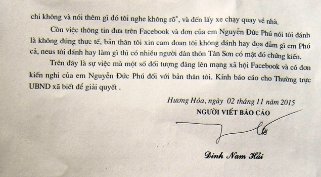 Đơn tường trình của ông Đinh Nam Hải, Trưởng Công an xã Hương Hóa có nhiều mâu thuẫn với đơn của em Nguyễn Đức Phú (Ảnh: Thủy Phan)