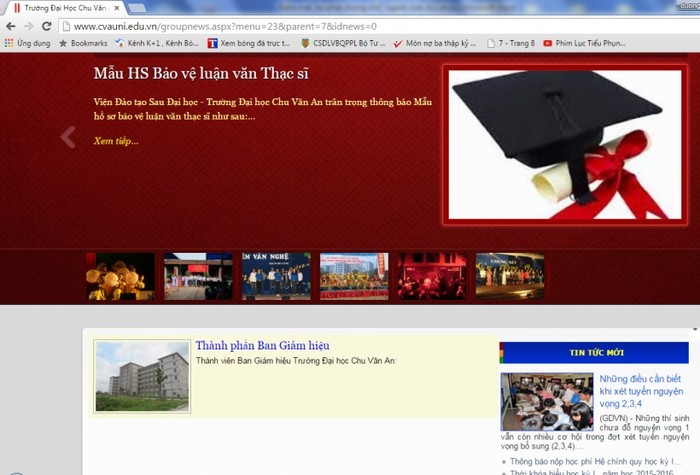 Ảnh chụp màn hình trang web Đại học Chu Văn An ngày 13/11/2015