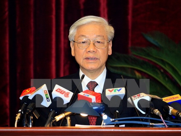 Tổng Bí thư Nguyễn Phú Trọng phát biểu bế mạc Hội nghị. (Ảnh: TTXVN)
