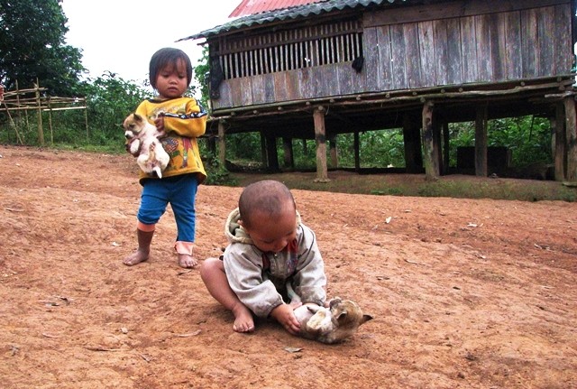 Một em nhỏ không mặc quần ngội bệt dưới đất chơi với các con vật (Ảnh: Thủy Phan)