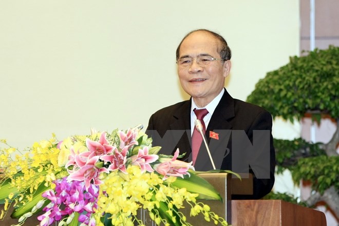 Chủ tịch Quốc hội, Chủ tịch Hội đồng bầu cử Quốc gia Nguyễn Sinh Hùng phát biểu tại buổi lễ.
