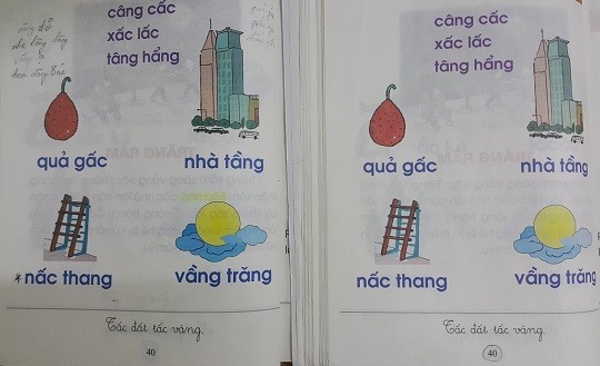 Hình ảnh chụp từ sách Tiếng Việt lớp 1 công nghệ giáo dục của giáo sư Hồ Ngọc Đại xuất bản năm 2014 với bản năm 2015 (Ảnh: Trần Hương Giang)