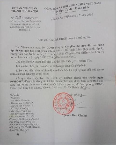 Văn bản yêu cầu xử lý vụ cô giáo chủ nhiệm cho 40 học sinh tát bạn cùng lớp của Chủ tịch UBND TP Hà Nội gửi UBND huyện Thường Tín.