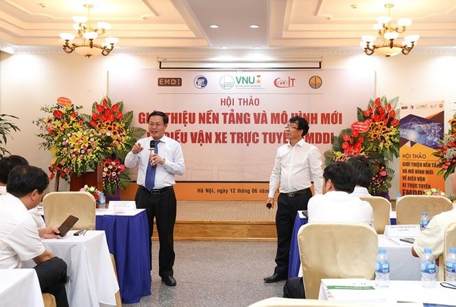 Ngày 12/6, tại Hà Nội, Đại học Quốc gia Hà Nội đã giới thiệu nền tảng và mô hình mới về điều vận xe trực tuyến EMDDI. (Ảnh: VNU)
