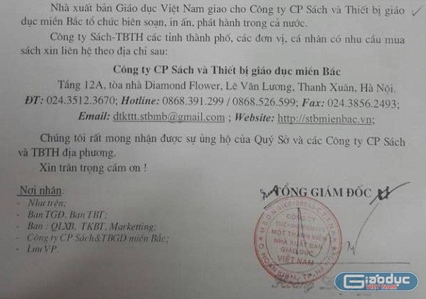 Đây là địa chỉ liên hệ mà văn bản Nhà xuất bản Giáo dục Việt Nam (Bộ Giáo dục và Đào tạo) gửi tới các Sở Giáo dục và Đào tạo, Công ty cổ phần sách và thiết bị trường học các tỉnh, thành phố về việc giới thiệu bộ sách mầm non phục vụ năm học 2018-2019. (Ảnh chụp màn hình)