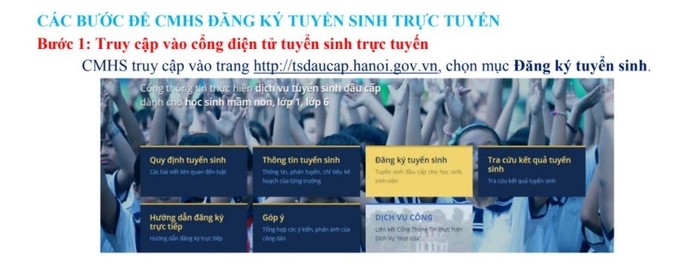 Phụ huynh Hà Nội có con vào lớp 1 năm học 2018-2019 có thể đăng ký tuyển sinh trực tuyến từ ngày 1-3/7. (Ảnh chụp màn hình)
