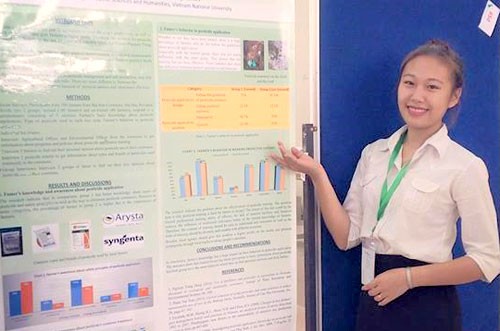 Nguyễn Thùy Dung và báo cáo poster của em tại hội thảo khoa học quốc tế ISSAAS 2017. Ảnh: Nhân vật cung cấp