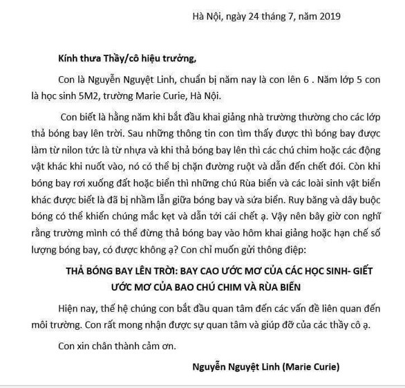 Lá thư của em Nguyễn Nguyệt Linh - học sinh lớp 6 trường Marie Curie, Hà Nội (Ảnh do thầy Nguyễn Xuân Khang - Hiệu trưởng Trường Marie Curie Hà Nội cung cấp)