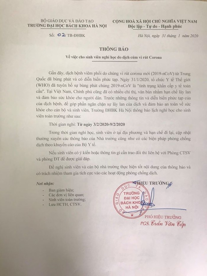 Ban Giám hiệu Trường Đại học Bách khoa Hà Nội đã thông báo chính thức cho sinh viên lùi lịch bắt đầu học từ ngày 10/2/2020 thay vì ngày 3/2/2020 như trước đó