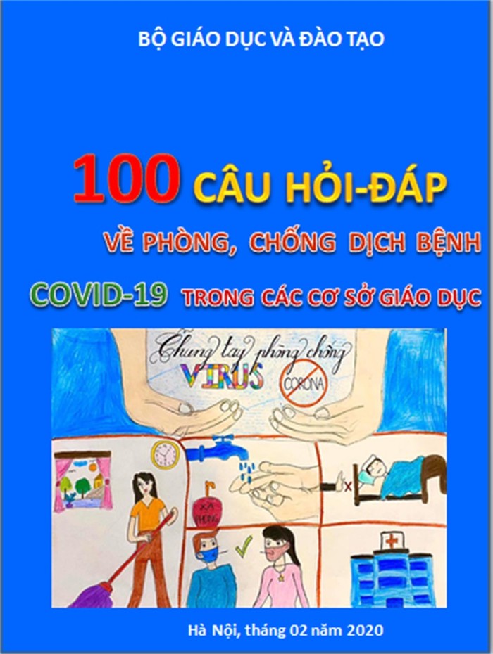 Trang bìa tài liệu “100 câu hỏi - đáp về phòng, chống dịch bệnh Covid-19 trong các cơ sở giáo dục” (Ảnh: moet.gov.vn)