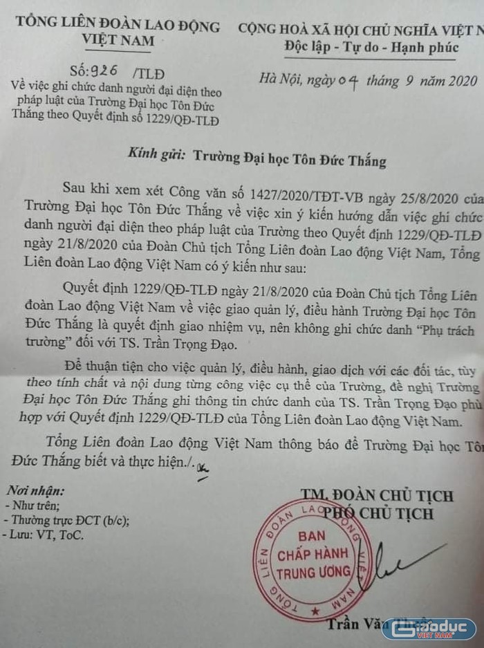 Chỉ đạo của Tổng Liên đoàn Lao động Viêt Nam về việc ghi chức danh người đại diện pháp luật trường Đại học Tôn Đức Thắng (ảnh: T.L)