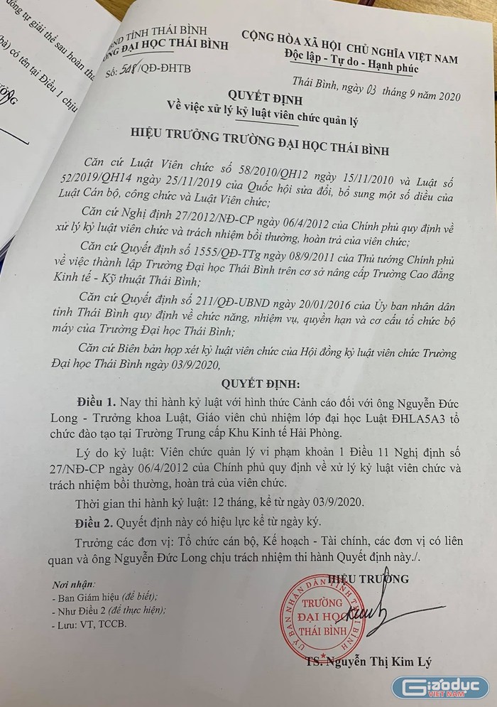 Ngày 3/9, Trường Đại học Thái Bình đã có quyết định kỷ luật cảnh cáo đối với giáo viên chủ nhiệm Nguyễn Đức Long do không thông báo tới được hết các sinh viên. (ảnh tư liệu)