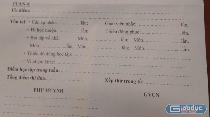 Phiếu đánh giá học sinh hàng tuần của một trường Trung học cơ sở ở Nghệ An (ảnh: NVCC)