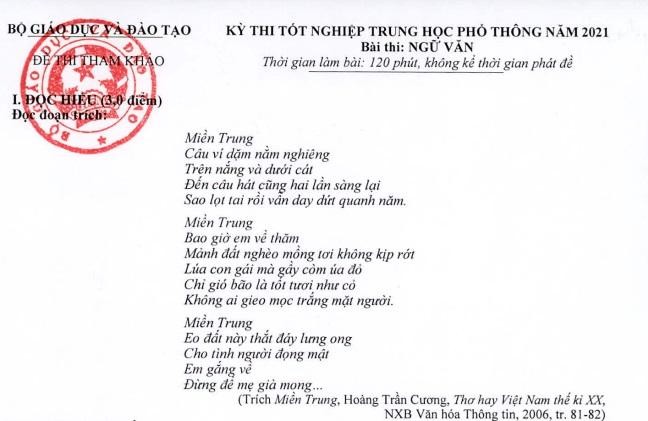 Có đoạn trích trong bài thơ Miền Trung, nhiều thầy cô đánh giá đề tham khảo môn Ngữ văn mang tính giáo dục cao (ảnh chụp màn hình)