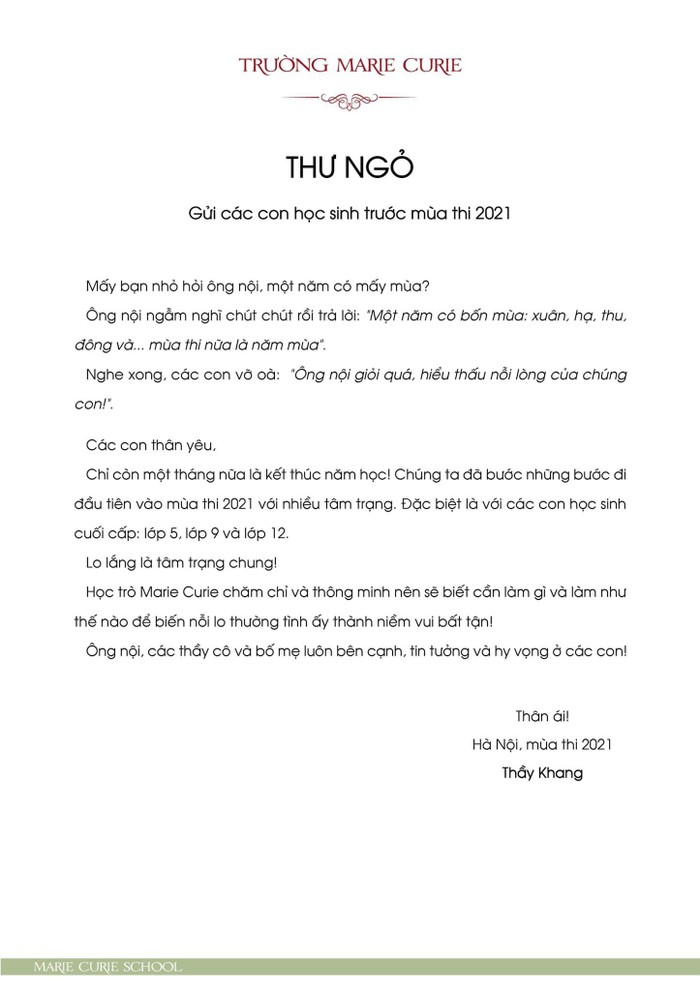 Toàn bộ bức thư thầy Nguyễn Xuân Khang gửi học sinh cuối cấp