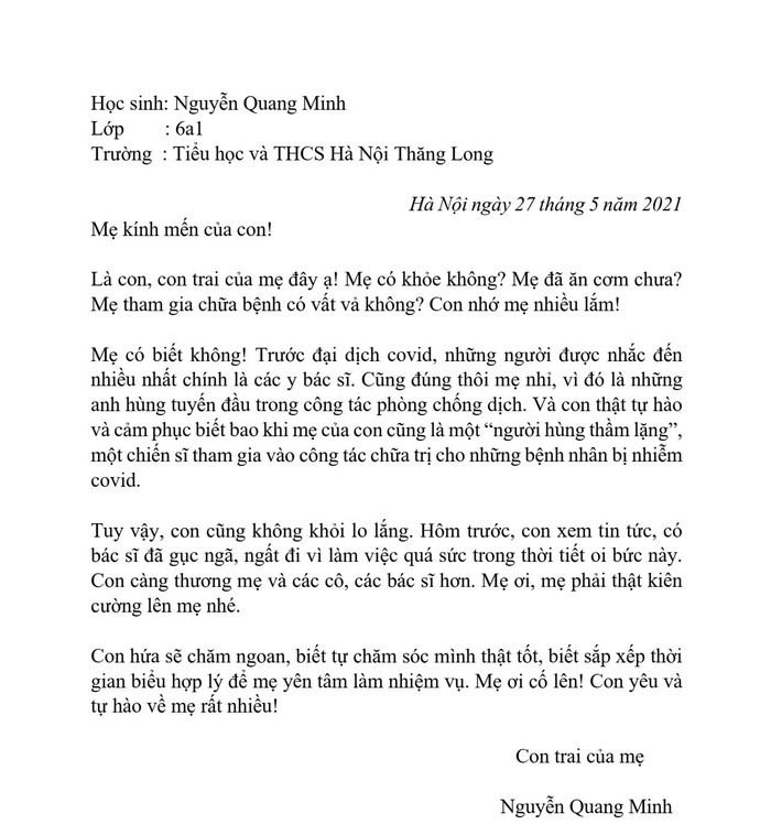 Thật cảm động khi đọc bức thư của bạn Quang Minh (lớp 6A1) gửi mẹ đang đi làm nhiệm vụ ở tâm dịch (ảnh:NTCC)