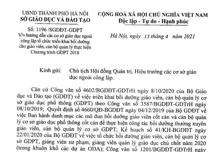 Ngày 13/4, Sở Giáo dục và Đào tạo Hà Nội có công văn số 1196/SGDĐT-GDPT gửi Chủ tịch Hội đồng quản trị, Hiệu trưởng các cơ sở giáo dục ngoài công lập (ảnh: T.L)
