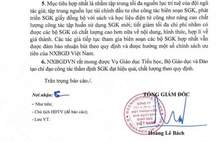 Văn bản báo cáo của Nhà xuất bản Giáo dục Việt Nam gửi Vụ Giáo dục tiểu học, Bộ Giáo dục và Đào tạo
