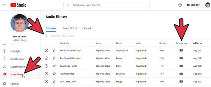 Màn hình thư viện âm thanh (Audio Library) của YouTube