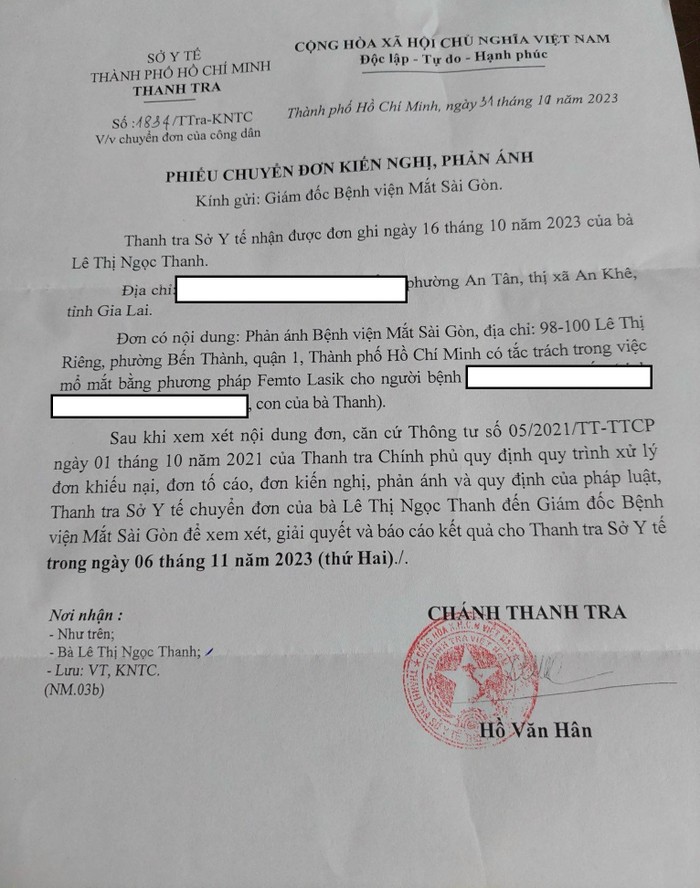 Ngày 31/10/2023, Thanh tra Sở Y tế Thành phố Hồ Chí Minh có phiếu chuyển đơn của công dân gửi đến Giám đốc Bệnh viện Mắt Sài Gòn (Địa chỉ: 100 Lê Thị Riêng, phường Bến Thành, Quận 1, Thành phố Hồ Chí Minh).
