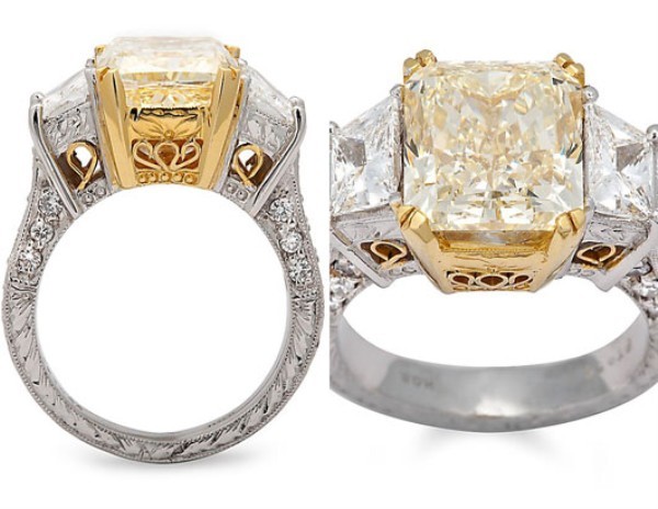 Chiếc nhẫn nổi bật bởi viên kim cương màu vàng nặng 6,1 carat được làm bởi hãng trang sức RossSimons. Ngoài ra, hai bên của chiếc nhẫn được gắn thêm hai viên kim cương nhỏ hơn 1,35 carat và 0,35 carat. Giá của chiếc nhẫn này vào khoảng 100.000 USD.