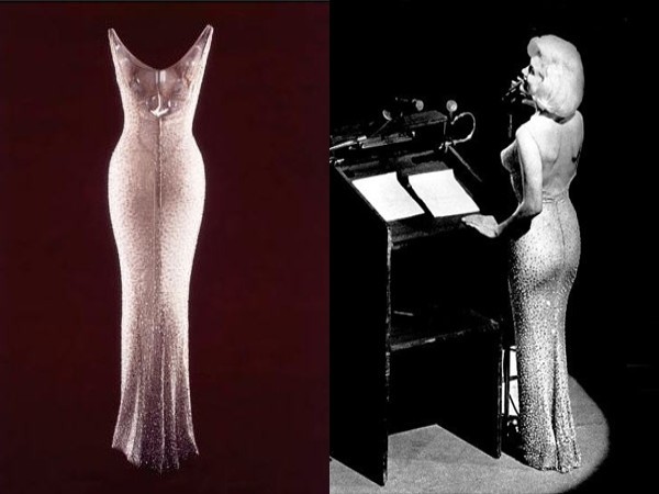 Bộ váy Marilyn Monroe mặc trong tiếc mục "Chúc mừng sinh nhật Ngài Tổng thống" Nữ diễn viên Marilyn Monroe đã mặc chiếc váy dạ hội sang trọng khi hát ca khúc nổi tiếng nhất mọi thời đại Hollywood “Happy Birthday Mr. President”, dịch là "Chúc mừng sinh nhật Ngài Tổng thống" trong ngày sinh nhật Tổng thống Mỹ John F. Kennedy vào năm 1962. Chiếc váy sau đó đã được đem ra đấu giá vào năm 1999 và được mua với mức giá cao ngất ngưởng 1,26 triệu USD.