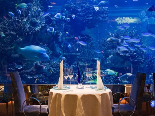 Nằm trong lòng khách sạn Burj al Arab, 8 nhà hàng và Bar được du khách biết đến với những nét độc đáo khác nhau. Trong đó, đặc biệt phải kể đến Nhà hàng Al Mahara. Đây là nhà hàng hải sản nằm ở tầng dưới cùng của khách sạn. Khi bước vào nhà hàng Al Mahara, bạn như đang đi một cuộc hành trình dưới đáy biển., bởi xuyên suốt nhà hàng là bể nuôi cá lớn.