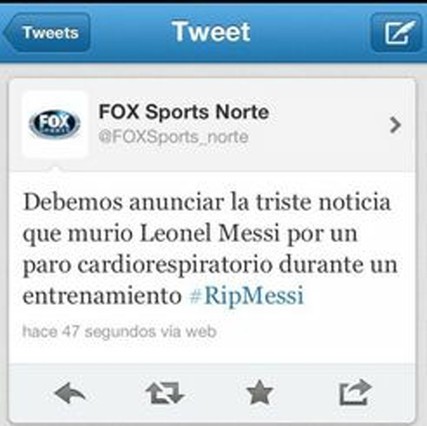 Thông tin cho rằng Messi đã chết được đăng tải trên twitter của Fox Sports
