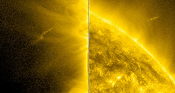 Sao chổ Lovejoy tiến về phía mặt trời (trái), tương tác với tầng khí quyển của mặt trời với nhiệt độ hơn 1 triệu độ C, và sau đó bay ra khỏi nơi đó một cách ngoạn mục. Trước đó, các nhà thiên văn học cho rằng sao chổi Lovejoy sẽ bị thiêu cháy hoàn toàn sau khi đi qua vùng nhiệt độ cực cao của Mặt trời. Tuy nhiên, sao chổi Lovejoy đã bay ra khỏi tầng khí quyển của Mặt trời mà vẫn giữ được độ sáng gần tương tự với thời điểm trước khi nó bay vào.