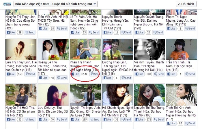 Phan Thị Thanh Hương vượt hơn 2000 Like trên facebook.