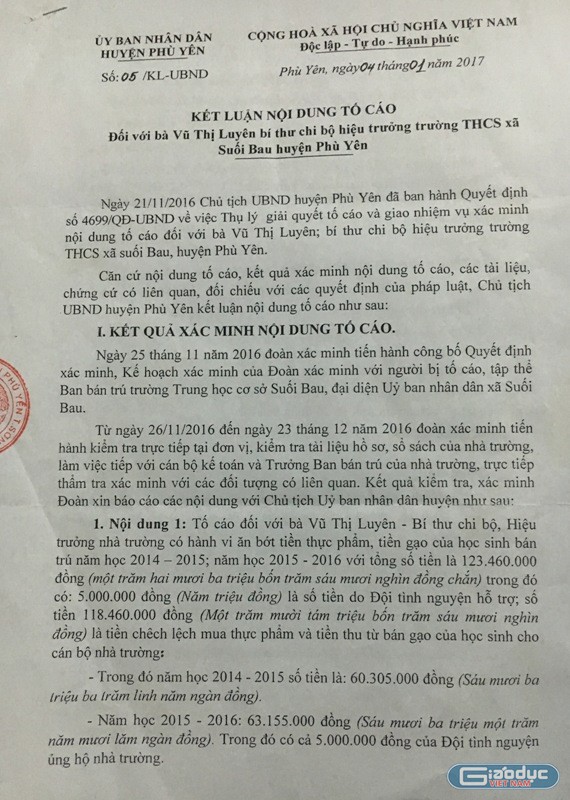 Kết luận số 05/KL-UBND ngày 04/01/2017 của UBND huyện Phù Yên về nội dung tố cáo bà Vũ Thị Luyên đã chỉ ra rất rõ việc làm sai phạm của lãnh đạo nhà trường. Ảnh Trần Việt.