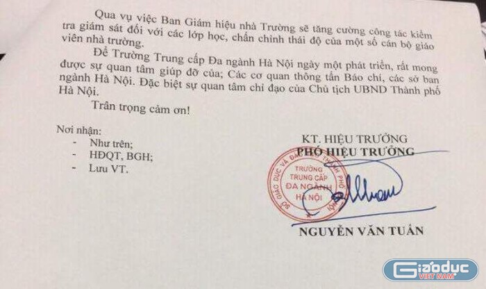 Văn bản giải trình của Trường Trung cấp Đa ngành Hà Nội gửi Báo điện tử Giáo dục Việt Nam. Ảnh Lê Hồ
