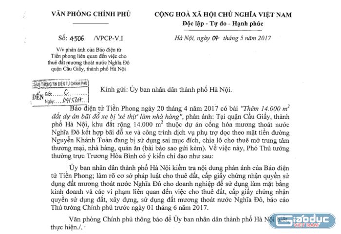 Văn bản chỉ đạo của Văn phòng Chính phủ gửi thành phố Hà Nội về việc kiểm tra nội dung, làm rõ cơ sở pháp luật cho thuê đất, cấp giấy chứng nhận quyền sử dụng đất mương thoát nước Nghĩa Đô. Ảnh Trần Việt.