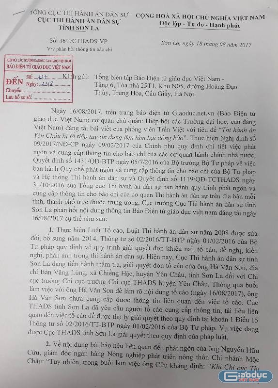 Công văn về việc phản hồi thông tin báo chí của Cục Thi hành án dân sự tỉnh Sơn La gửi Báo Điện tử Giáo dục Việt Nam có nhiều vấn đề không thuộc thẩm quyền. Ảnh Trần Việt.