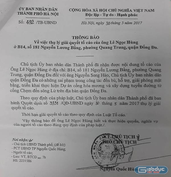 Thông báo số 492/TB-UBND ngày 30/05/2017 về việc thụ lý giải quyết đơn tố cáo của ông Lê Ngọc Hùng của Chủ tịch thành phố Hà Nội. Ảnh Đình Long.