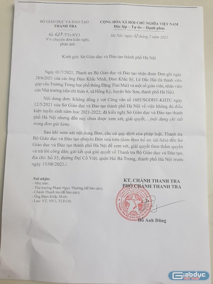 Công văn của Thanh tra Bộ Giáo dục gửi ông Đàm Khắc Minh. Ảnh: NVCC
