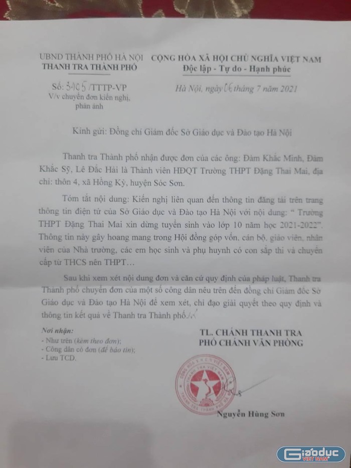 Công văn Thanh tra thành phố Hà Nội gửi Sở Giáo dục Hà Nội để xem xét giải quyết đơn của công dân. Ảnh: Nhà trường cung cấp