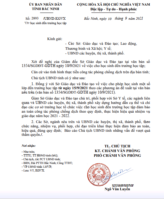 Công văn về việc học sinh đến trường học tập của Uỷ ban nhân dân tỉnh Bắc Ninh ban hành. Ảnh chụp màn hình: Bacninh.edu.vn