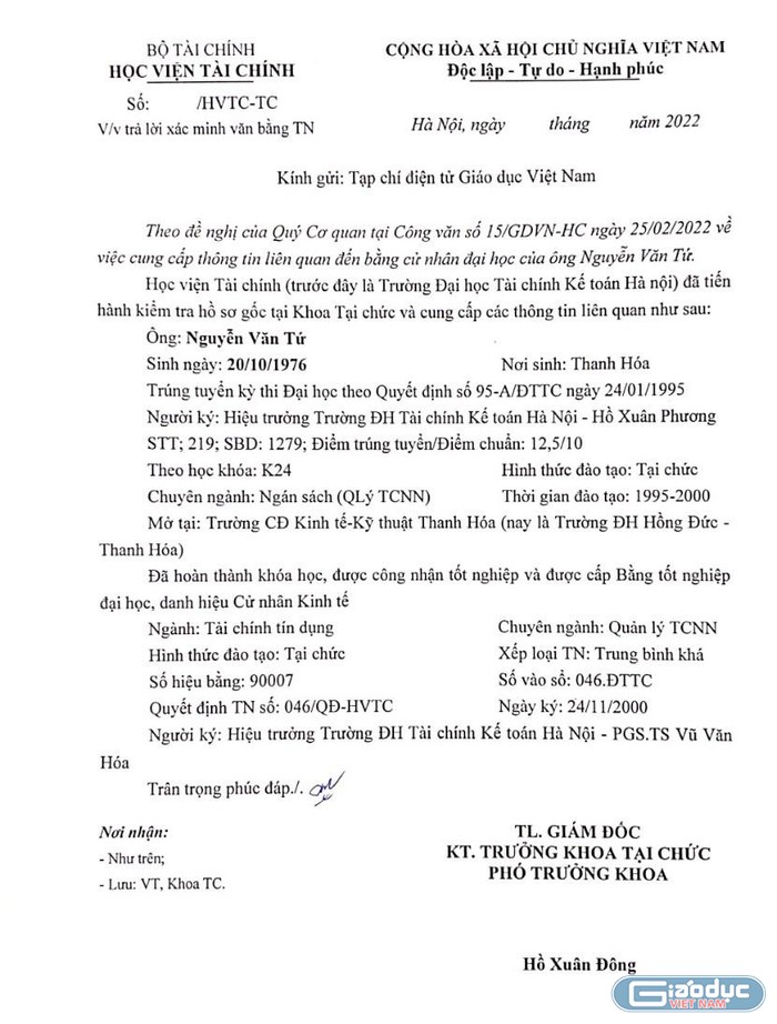 Công văn phúc đáp của Học viện Tài chính gửi cho Tạp chí điện tử Giáo dục Việt Nam về việc trả lời xác minh người học có tên Nguyễn Văn Tứ (vì điều kiện dịch bệnh, lãnh đạo Khoa Tại chức đang dương tính với Covid-19 nên cán bộ Khoa chưa kịp ký tên đóng dấu). Ảnh: Trung Dũng