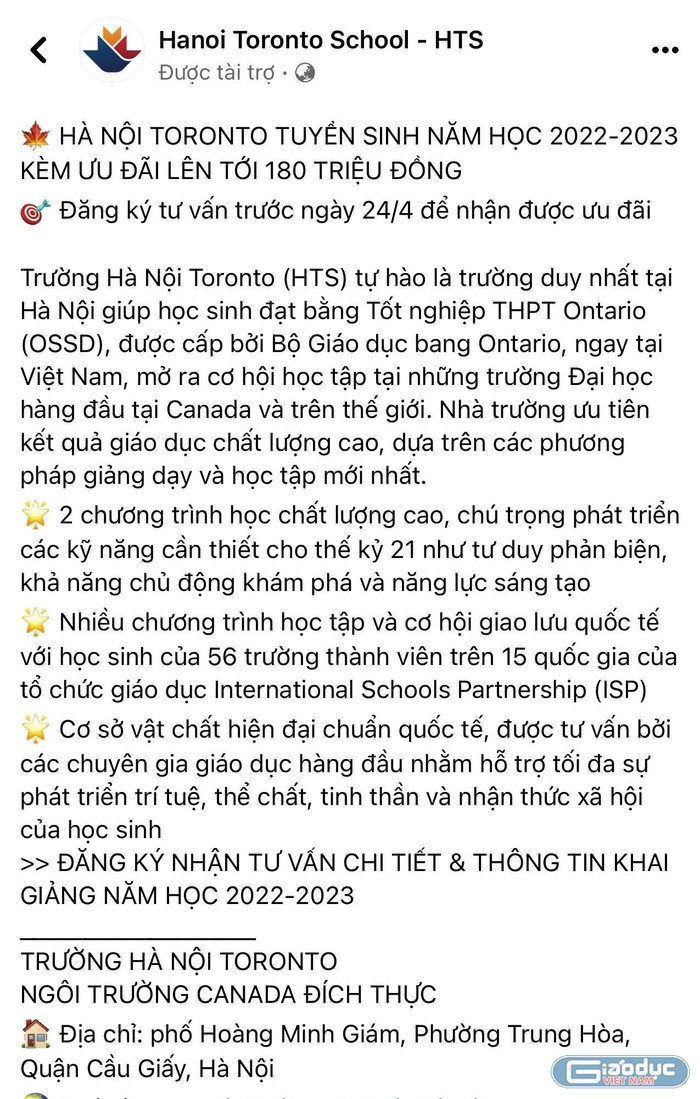 Thông tin tuyển sinh cho năm học 2022 - 2023 được cơ sở này đăng tải trên mạng xã hội. Ảnh chụp màn hình