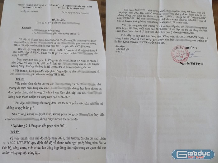 Các giáo viên cho rằng, Báo cáo của Trường Tiểu học Ea Hồ gửi Uỷ ban nhân dân huyện Krông Năng không đề cập đến việc thực hiện công khai tài chính theo hướng dẫn trong công văn của Phòng Kế hoạch - Tài Chính. Ảnh: GVCC