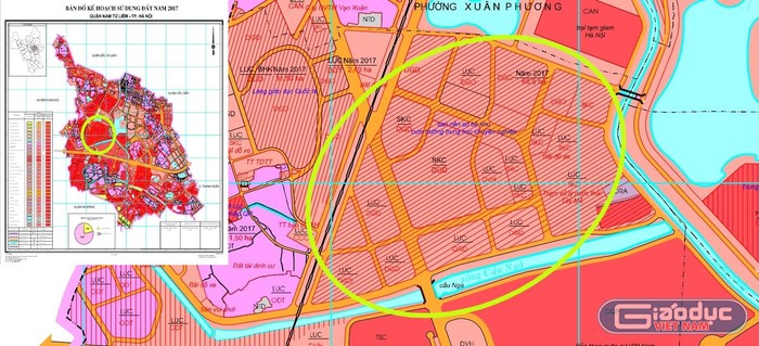 Trong bản đồ kế hoạch sử dụng đất quận Nam Từ Liêm năm 2017 vẫn còn phần đất ký hiệu dùng cho giáo dục và có tên dự án Cụm trường Trung học chuyên nghiệp dạy nghề Tây Mỗ (trong ô khoanh màu vàng. Ảnh: Trung Dũng
