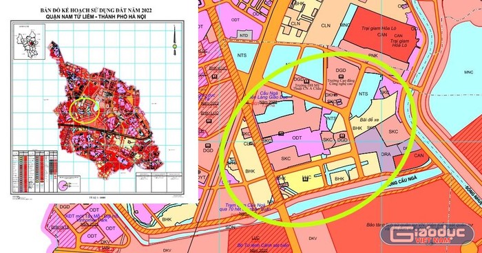 Trong bản đồ kế hoạch sử dụng đất năm 2022 của quận Nam Từ Liêm, đối chiếu tại vị trí trước đó trong bản đồ kế hoạch sử dụng đất năm 2017 (ô khoanh màu vàng), hiện không thấy có tên Dự án xây dựng Cụm trường Trung học chuyên nghiệp và dạy nghề Tây Mỗ. Ảnh: Trung Dũng