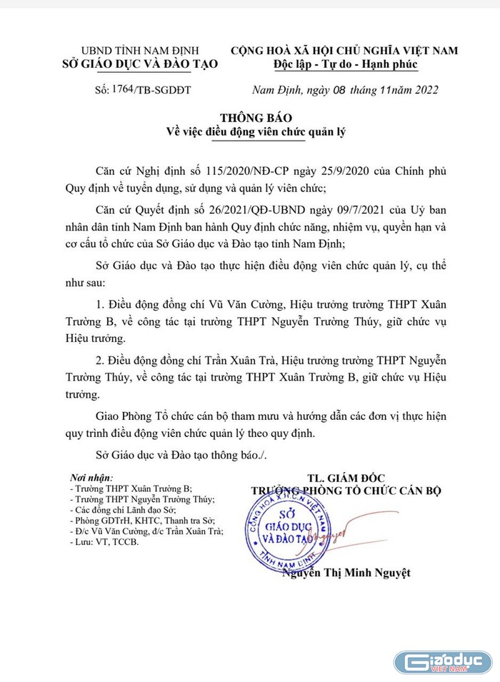 Thông báo về việc điều động viên chức quản lý của Sở Giáo dục và Đào tạo Nam Định. Ảnh: CTV