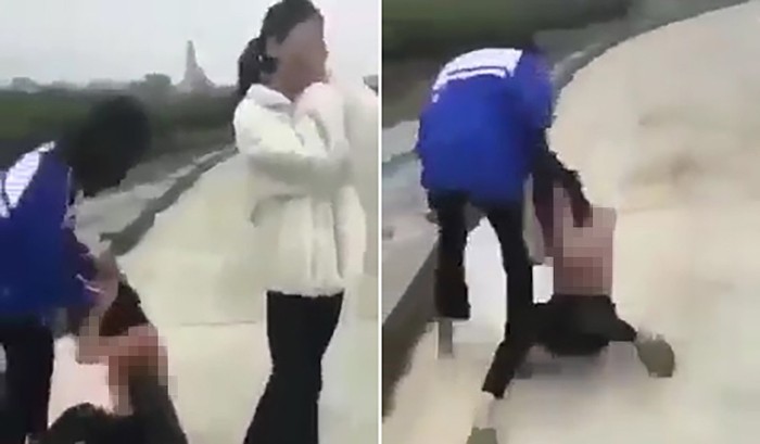 Nhóm nữ sinh đánh, lột áo và quay clip tung lên mạng xã hội. Ảnh cắt từ clip