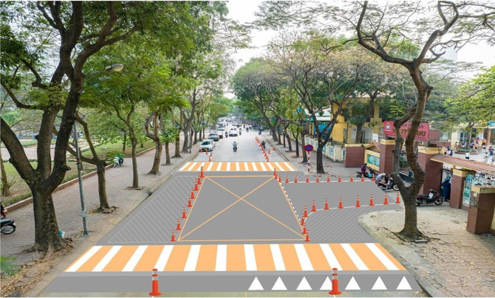Phối cảnh dự kiến áp dụng các giải pháp bảo đảm an toàn giao thông tại cổng trường Tiểu học Nguyễn Du, quận Hà Đông. Ảnh: sogtvt.hanoi.gov.vn