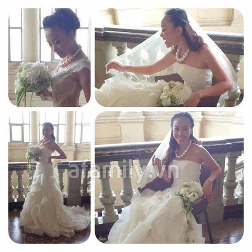Trên facebook cá nhân của một số người bạn thân thiết với Đoan Trang đã đăng những bức ảnh ghi lại khoảnh khắc hạnh phúc của nữ ca sĩ Socola trong bộ váy cưới. (Theo Afamily)