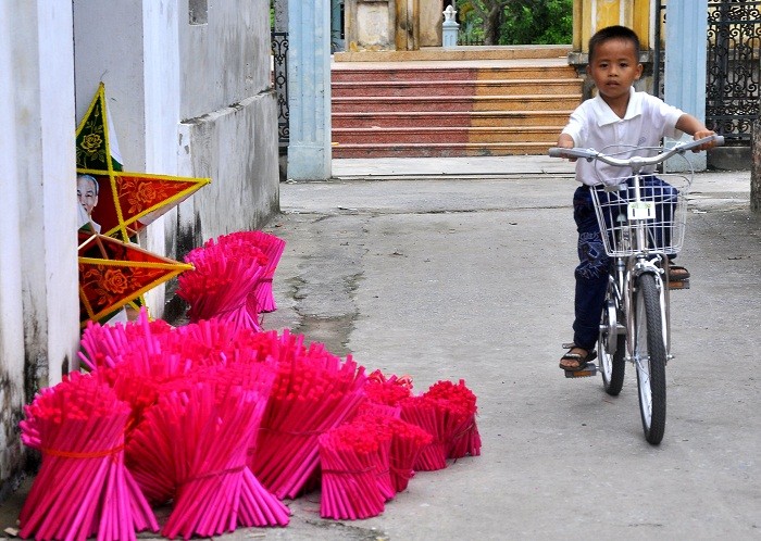 Xương cây đay làm cán đèn ông sao được người dân mua tại huyện Trực Ninh (Nam Định) về nhuộm thành màu hồng.