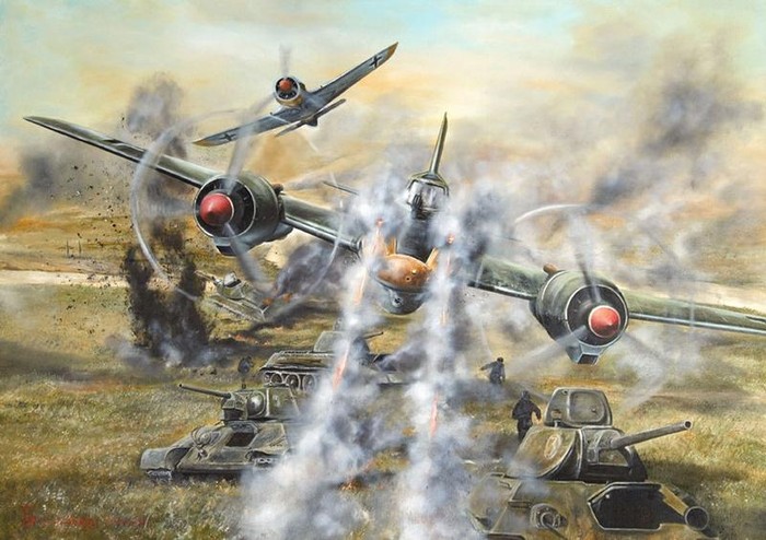 Máy bay Đức "oanh tạc" đội hình xe tăng của Hồng quân Liên Xô.